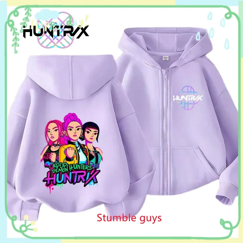

Kids Purple Zip Hoodie Spring Autumn Kpop Demon Hunters Stylish Anime Boys Girls Clothes Match Pants