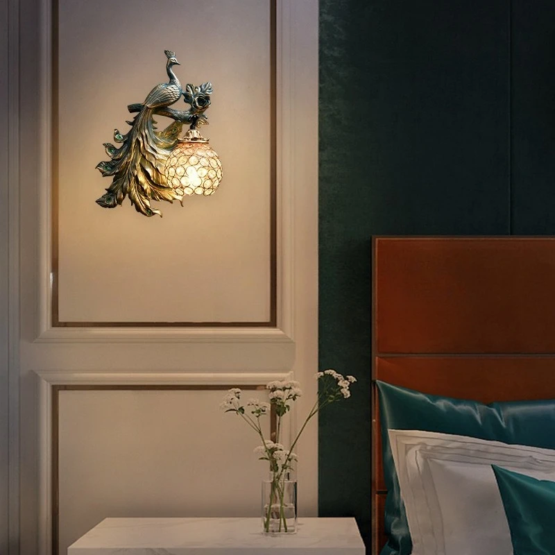 American Retro Peacock Statue Wall Lamps for Living Room Background Bedroom Bedside Entrance Creative LED Wall Sconces Lighting