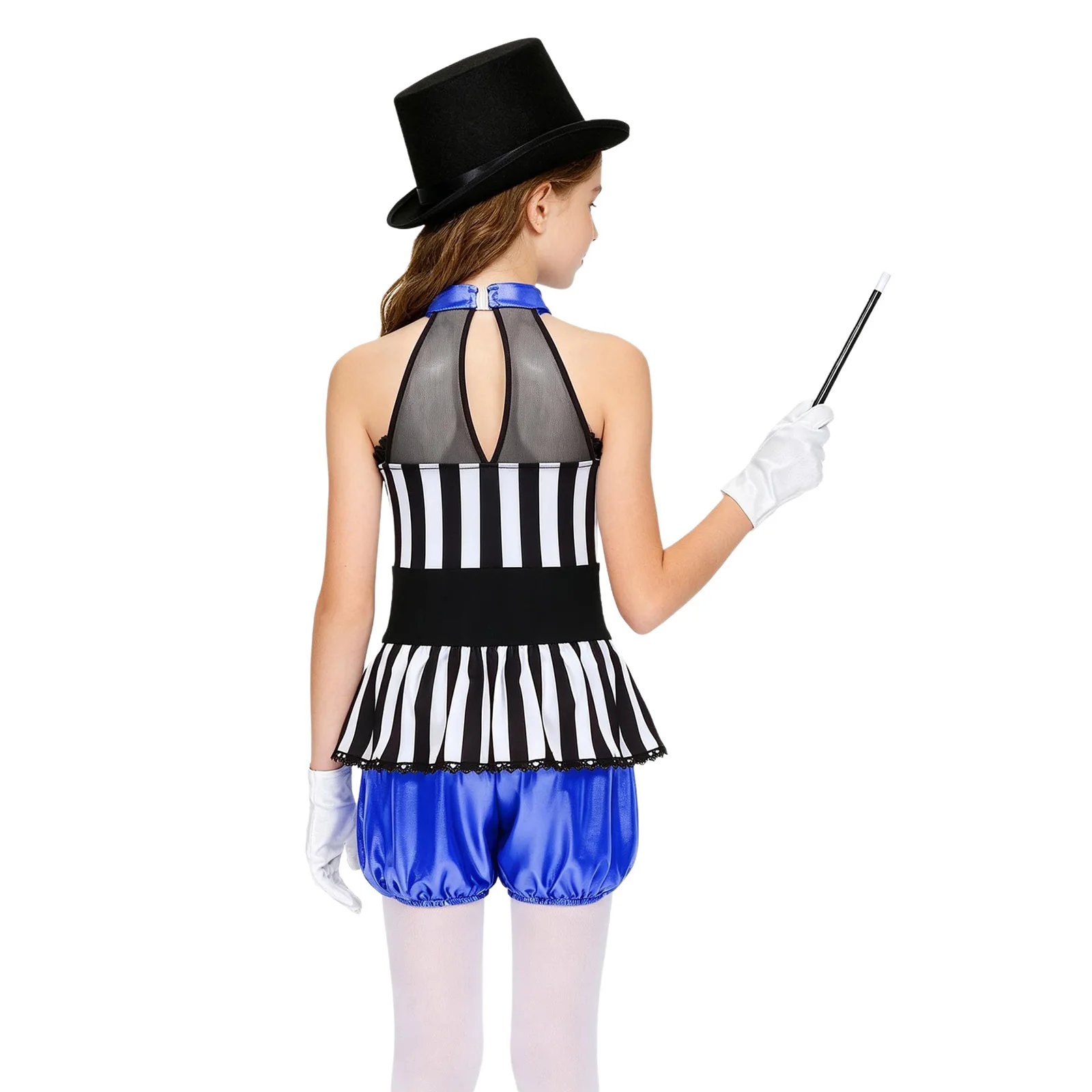 Kids Girls Circus Ringmaster Costume Sleeveless Overlay Metallic Gloss Leotard Jumpsuit with Magic Wand Hat Magician Dress Up