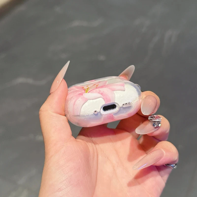 Cute Pink Lily Flowers Earphone Cases For AirPods Pro3 Protective Shell Soft Case For AirPods 1/2/3/4 Pro 2 Cover With Keychain - view 6