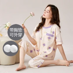 Summer Knited Cotton Women Pajamas Set New Short Sleeve Pyjamas Floral Homewear