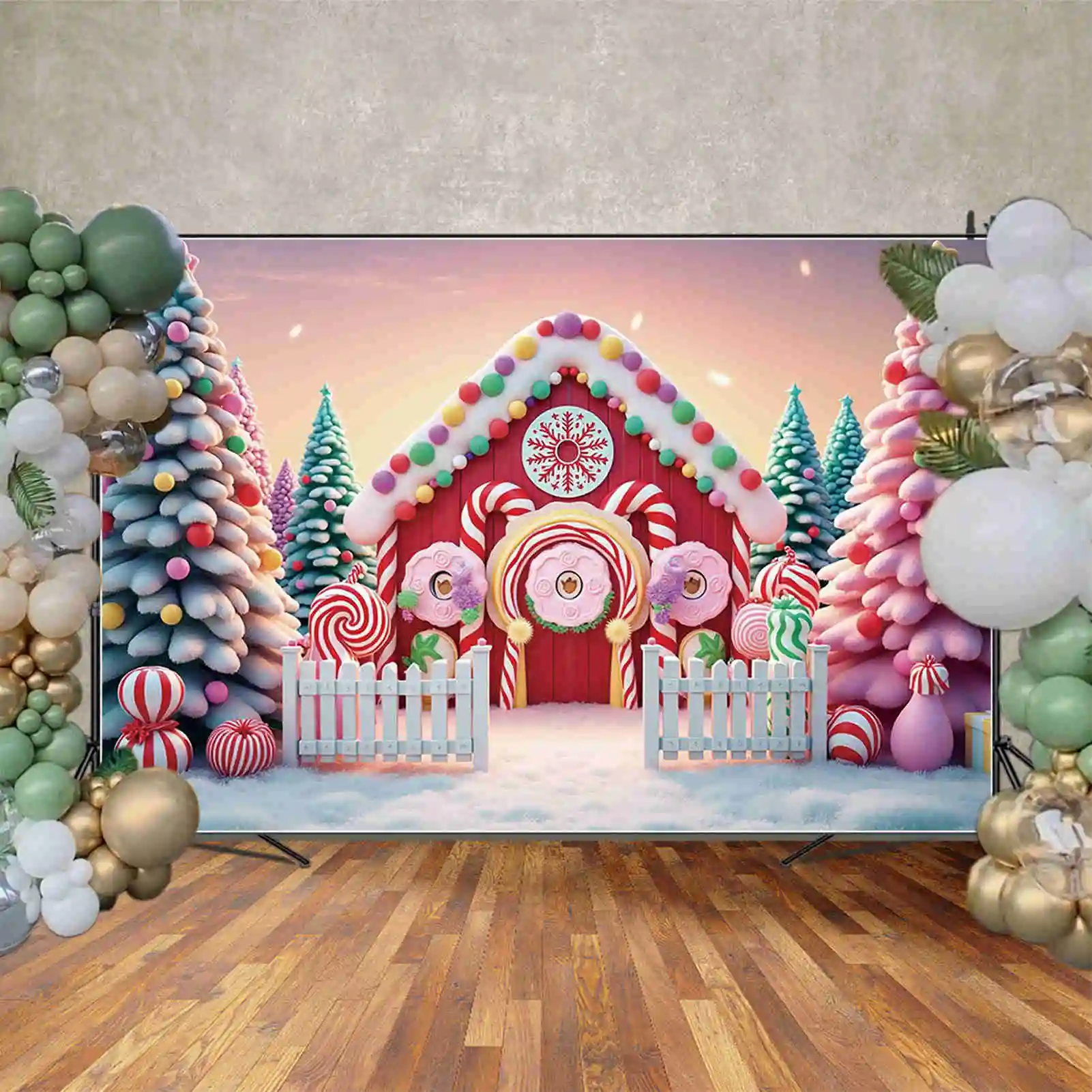 MOON.QG 2024 Christmas Gingerbread Houses Background Photography New Year Pine Tree Photocall Backdrop Child Studio Accessories