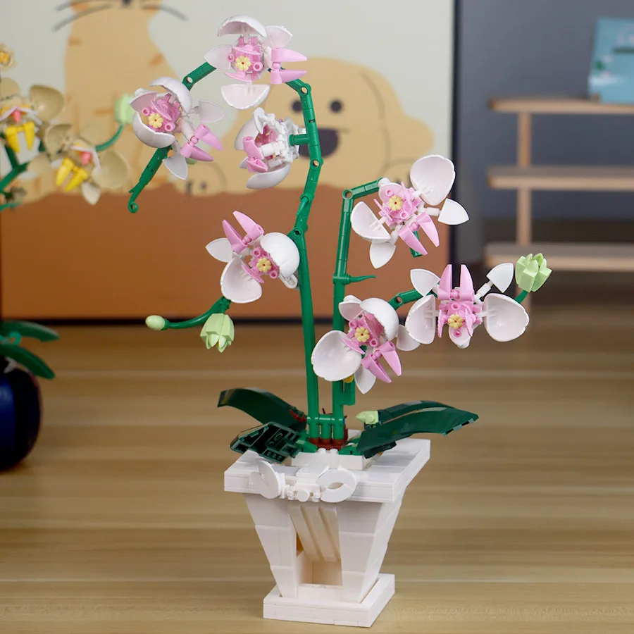 Phalaenopsis building block flowers, assembling building block educational toys, building block flowers with flower pot table or