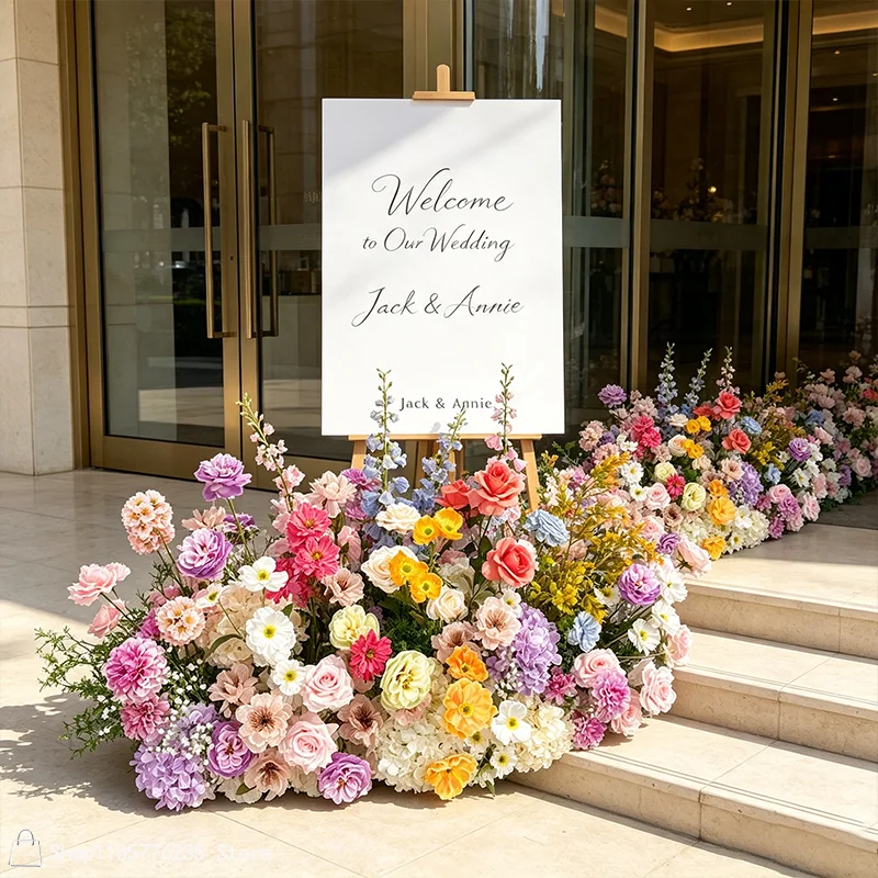 Bunter, gemischter künstlicher Blumen-Hochzeitshintergrund, Rosen-Hortensien-Blumenarrangement, Bühnen-Bodenläufer, Blumen-Partydekoration – Detail 1