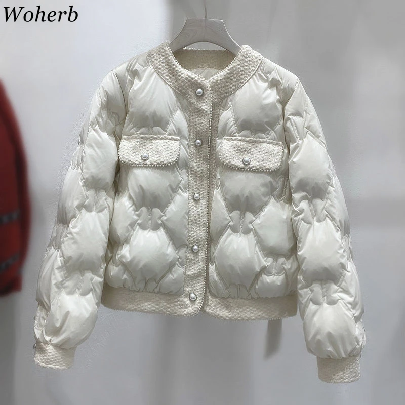 Winter Clothing Fashion Korean Pearl Parkas for Women O Neck Patchwork Casual Jackets 2025 Ropa Mujer Warm Crop Coat Y2k Tops