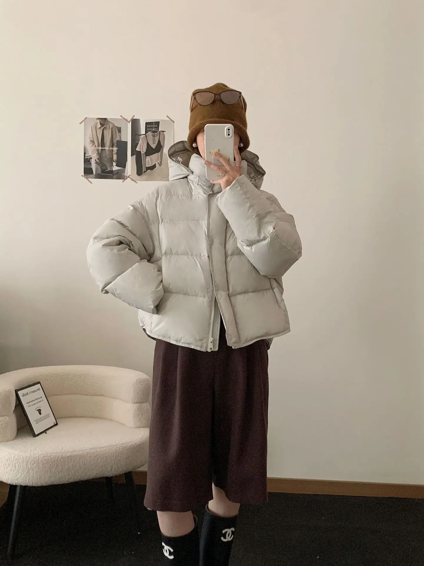 Korean Cropped Hooded Down Jacket for Women Winter Thickened White Duck Down Coats Woman Solid Color All Match Puffer Jackets