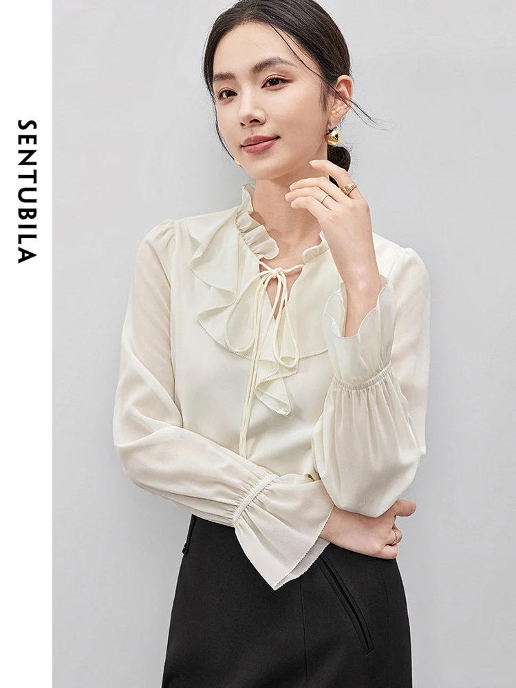 SENTUBILA Ruffled Collar Lace-up Bow Shirts for Women 2024 Autumn Chiffon  New Flared Long Sleeve Top Womans Clothing 143V56020