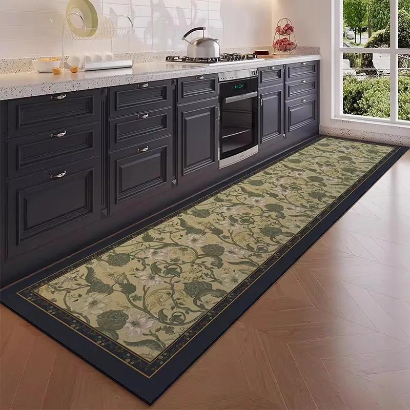 Kitchen Rug Long Size Carpet PVC Leather Waterproof Mat Vintage Floral Carpets Oil-proof Non-slip American Style Home Decor Rugs