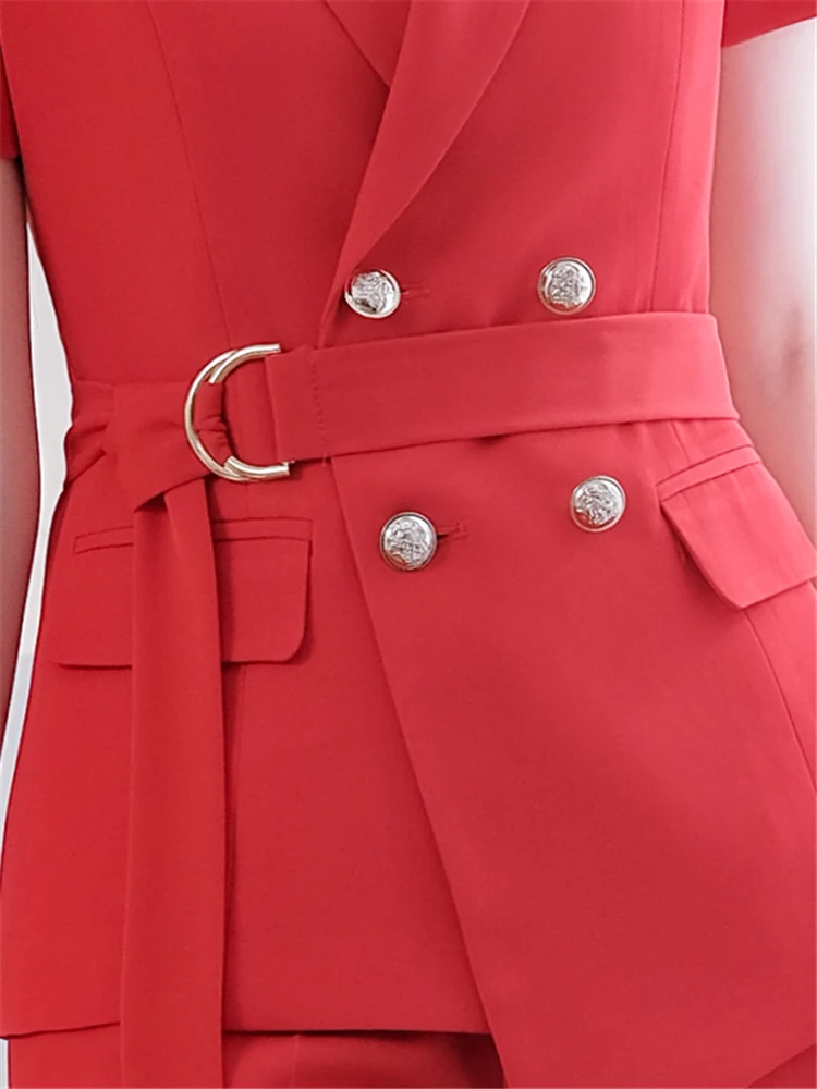 Red Pants Suit for Women Sexy V-Neck Belt Short Sleeve Blazer Coat+Pants Trousers Female Office Suit 2 Pcs Sets 2024  Summer