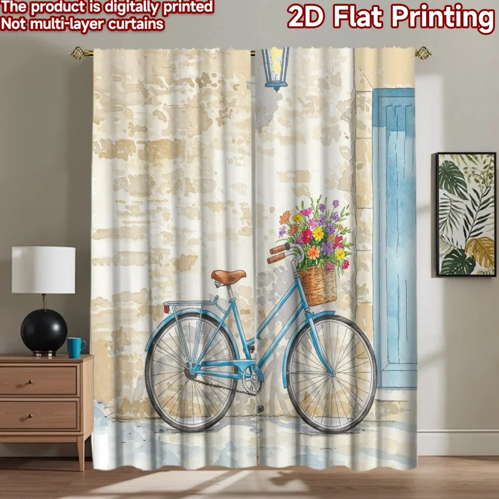 2D flat 2pcs Curtain French Romantic Style Blue Bicycle with Flowers Digitally printed polyester, colorfast Birthday Party