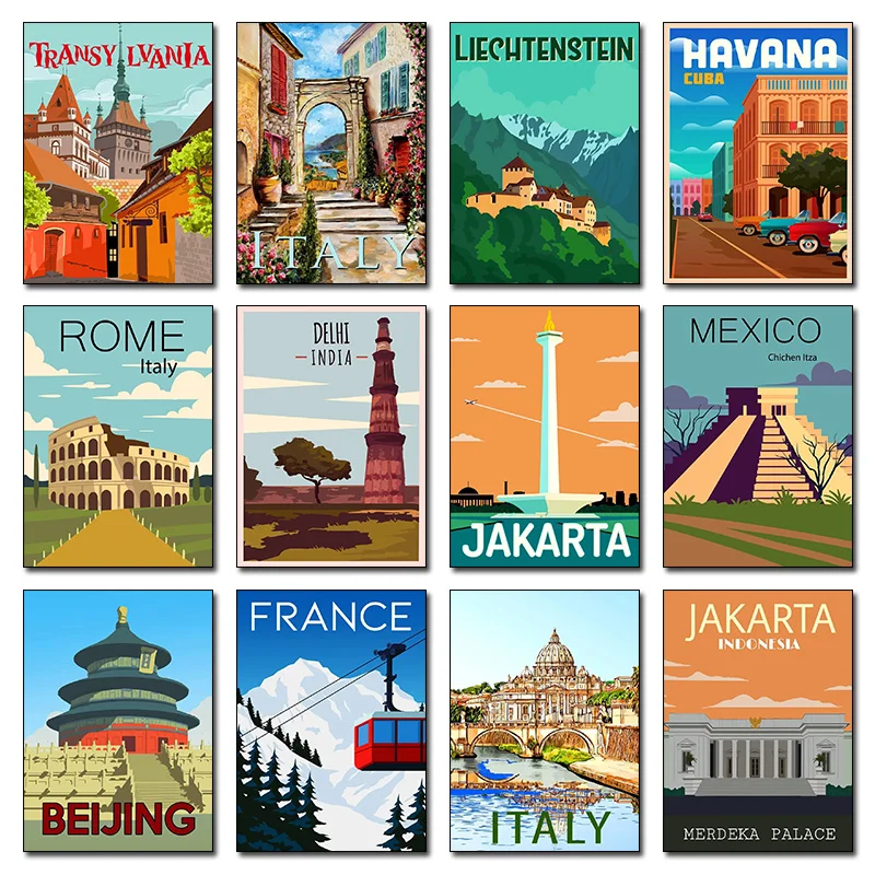 Modern City Landmarks Beijing Mexico Ltaly Jakarta Retro Style Travel Poster Canvas Paintings Wall Art Pictures Home Decor