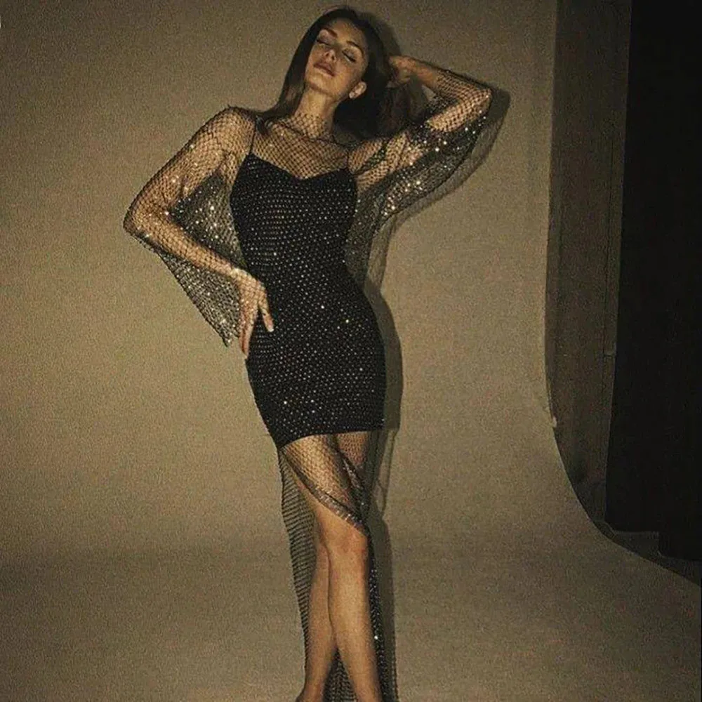 Y2K-vestido Sexy de rejilla con diamantes de imitación brillantes, vestido de rejilla de manga larga con abertura lateral, vestido de playa transpirable para mujer