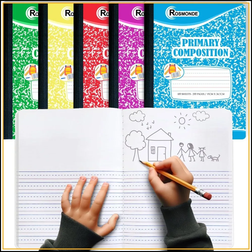 Primary Composition Notebooks 5 Pack, Draw & Write Journal for Kids K-2, 200 Pages, 9.75x7.5 Inches