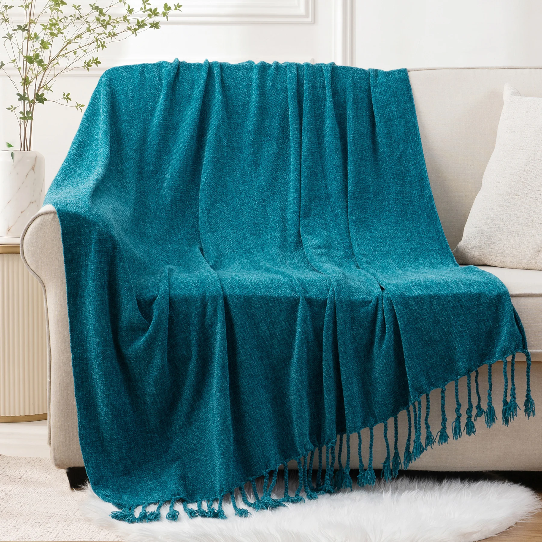 Battilo Chenille Throw Blanket With Fringe Tassels Decorative Lightweight Sofa Blanket Soft Cozy Knit Throws for Spring Decor