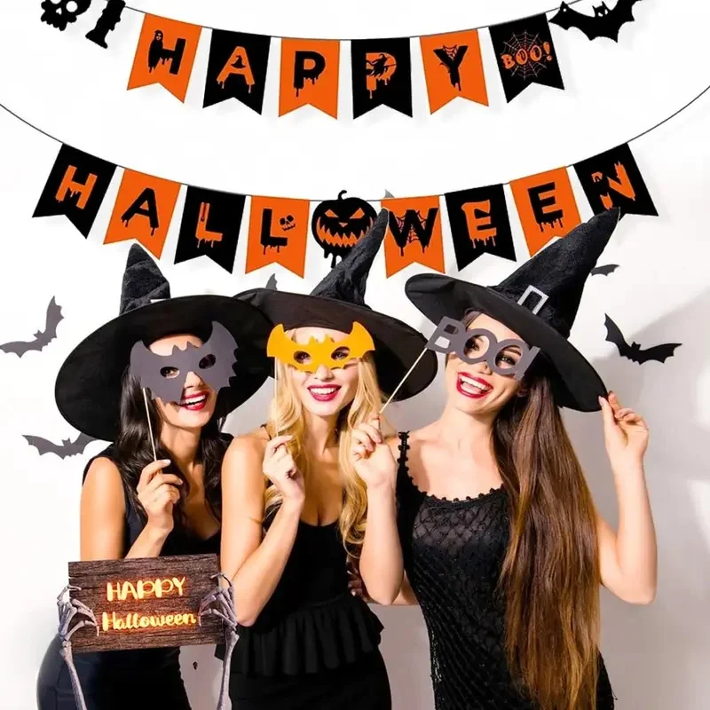 Halloween Party Flags – Bat, Pumpkin & Witch Paper Banner for Home & Family Decoration