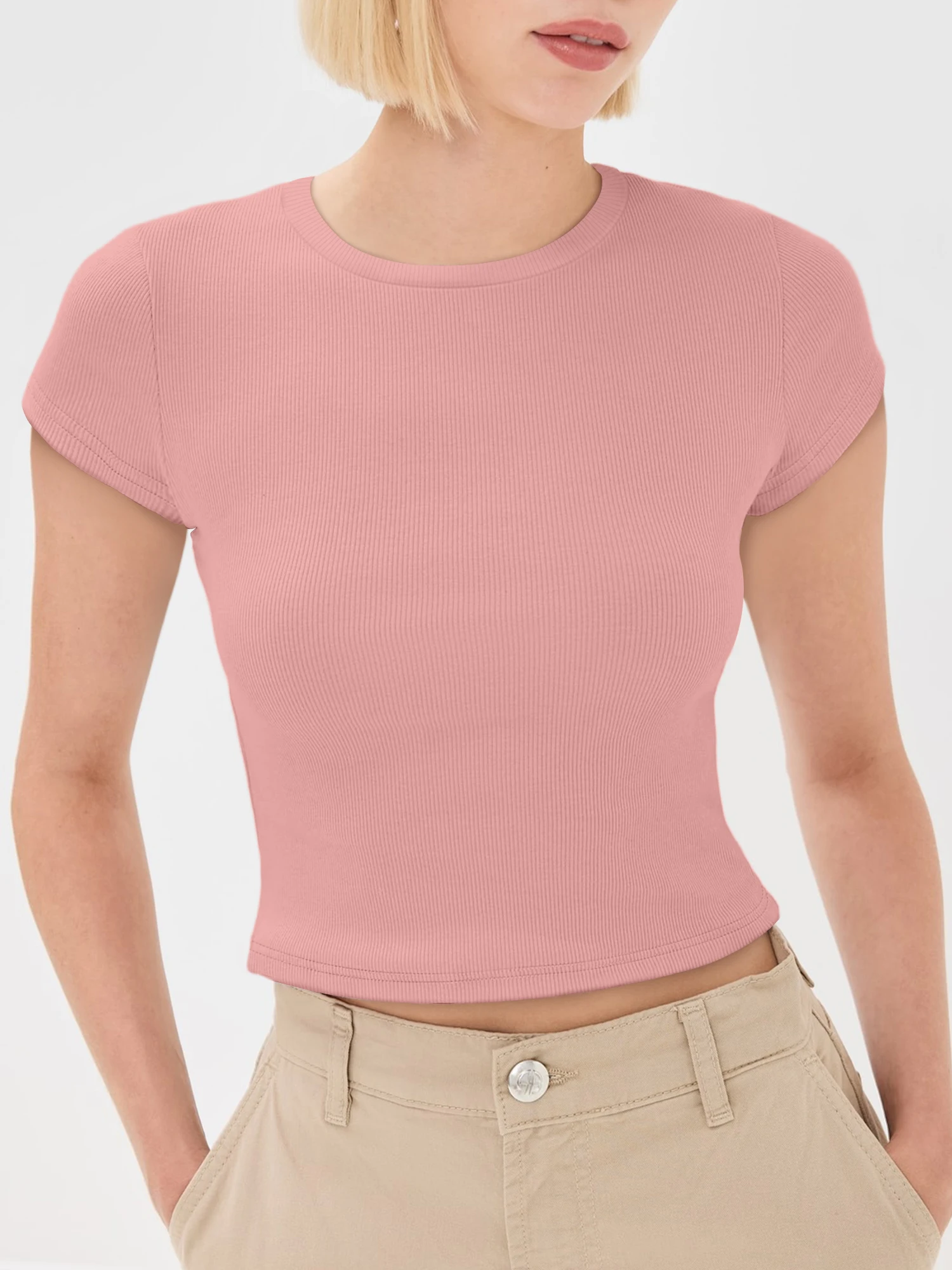 Modern Ribbed Crew‑Neck Cropped Blouse, Body‑Hugging Short Sleeve Shirt for Party & City Casual Outings