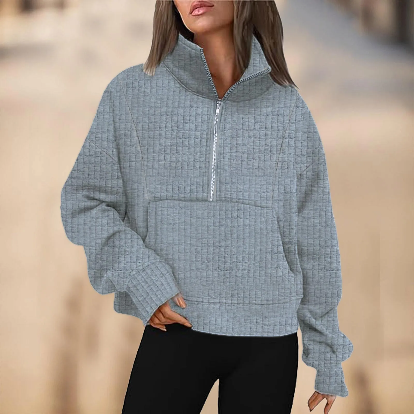 

Autumn Winter Women’S Hoodies Solid Color Loose Short Half Zip Pockets Thumb Hole Long Sleeve Pullover Sweatshirts 2025 Hot Sale