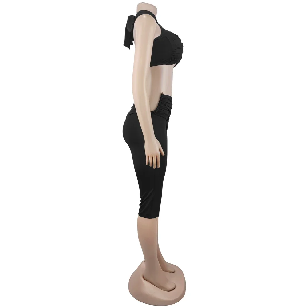 Women Halter Crop Top And High Waist Capri Pants Set Crisscross Front Bodycon Party Clubwear Outfit view 5