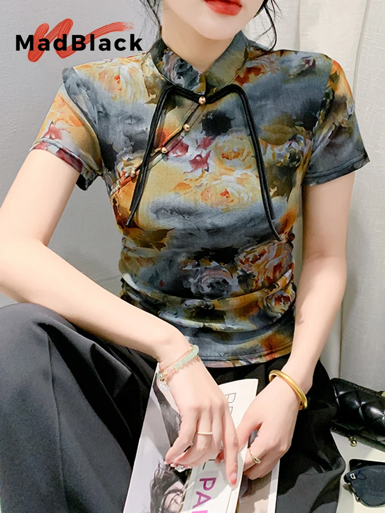 MadBlack-Women's European T-Shirt, Sexy Stand Floral Print, Vintage Short Sleeve Slim M-2XL Mesh Tee, 2026 Summer New T62312CC