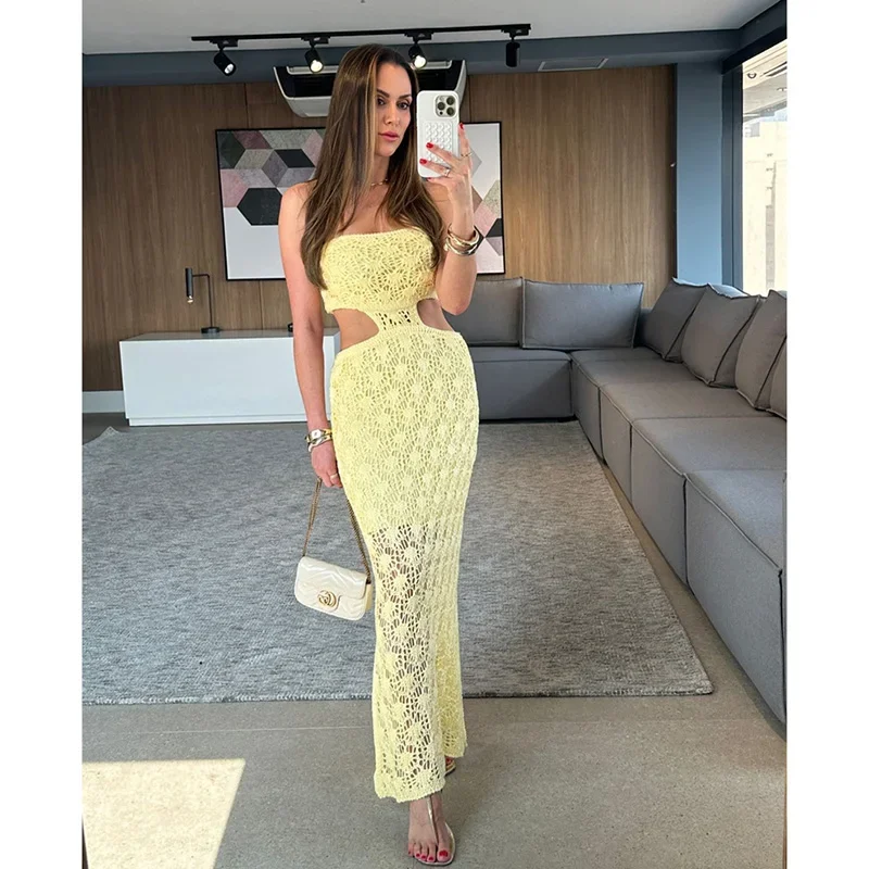 2025年 ニットワンピース サマービーチウェア セクシー シースルー ビキニ カバーアップ ビーチ ボディコン マキシワンピース メッシュ ホルターネック サンドレス