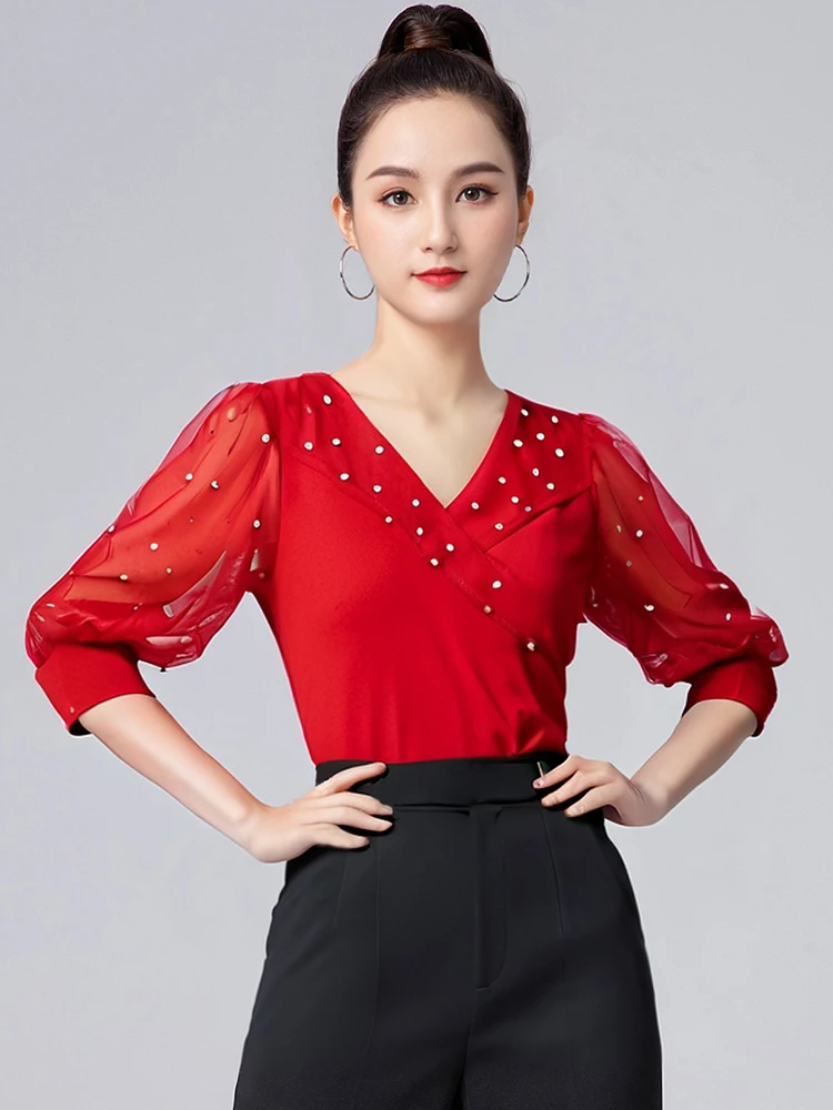 

New Women'S Rumba Modern Dancing Top Female Short Sleeves Ballroom Dance Tops Adults Latin Dance Practice Clothes DW10808