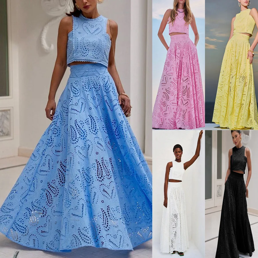 

Women Elegant Embroidery Hollow 2Pc Suit Fashion O-neck Vest Top & Long Skirt Outfits Casual Sleeveless Pleated Solid Beach Sets