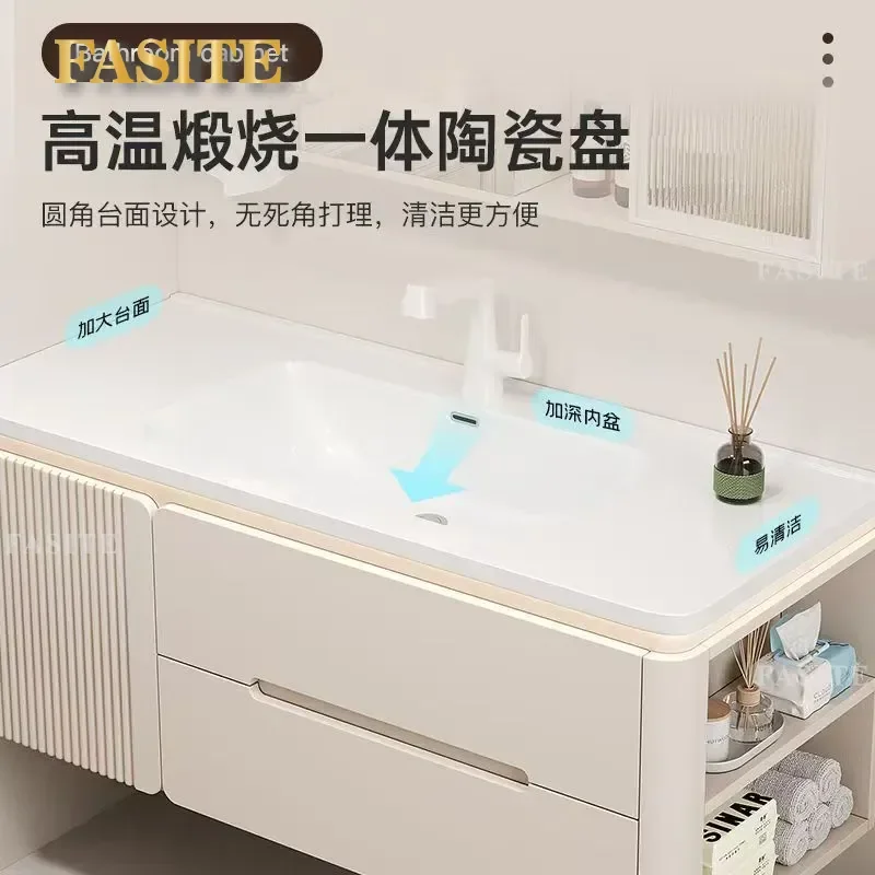Solid Rubber Wood Bathroom Vanity Cabinet with Ceramic Integrated Basin Rounded Corner Design Floor Standing Washbasin Unit