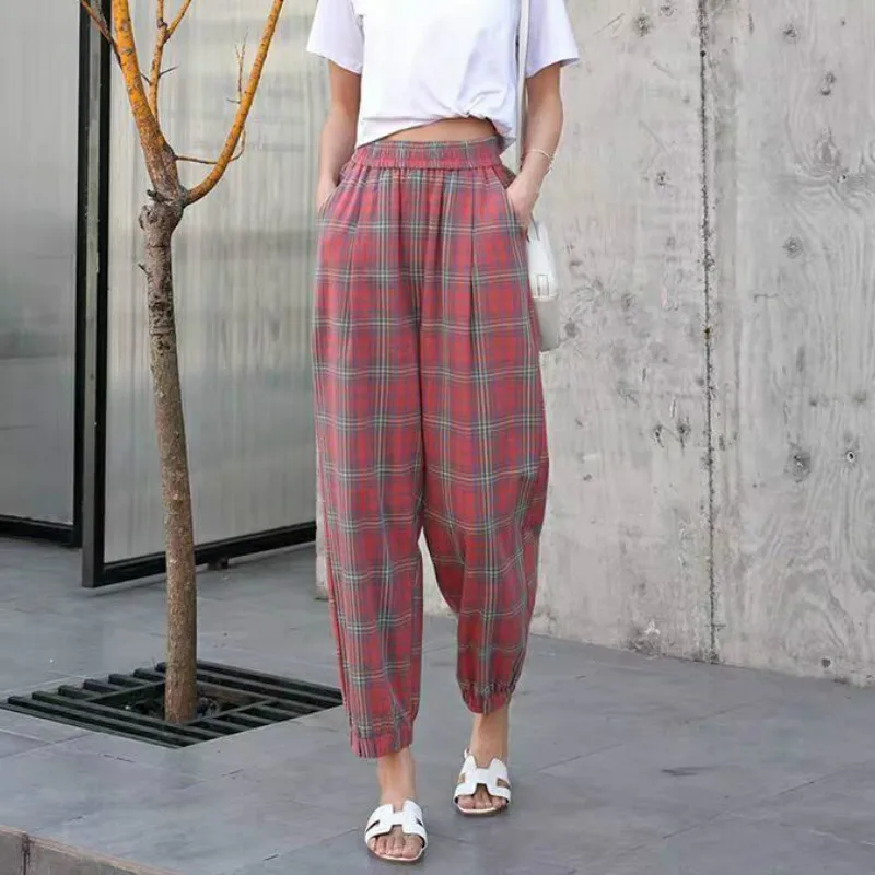 Ankle-length Pants Women Loose Harem High Waist Casual Plaid Aesthetic Thicker Youth Baggy All-match Trendy Korean Style Warm