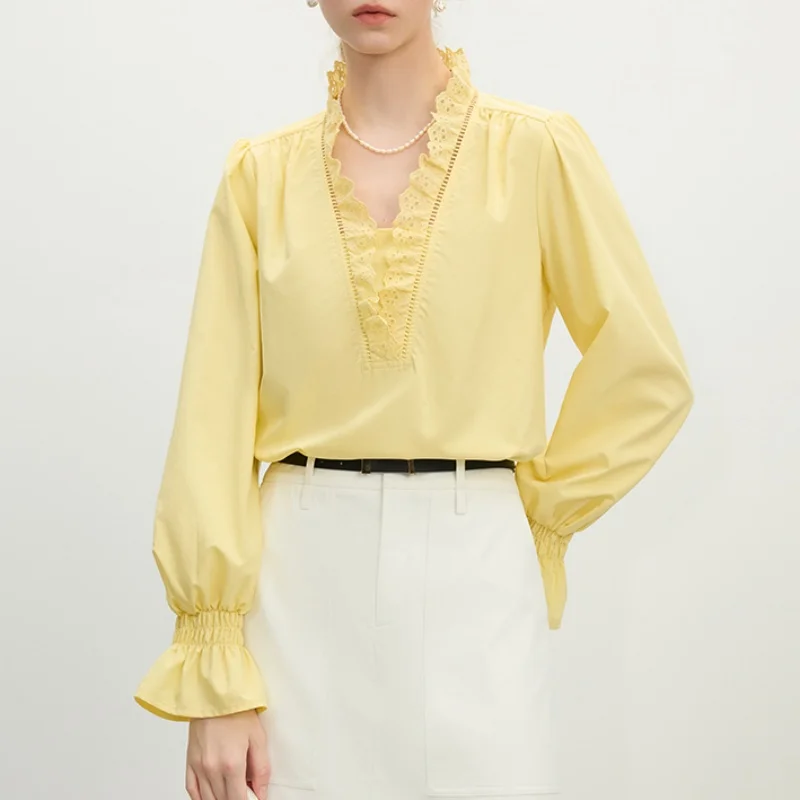 

Autumn New Lace Patchwork V-Neck Flare Long Sleeve Solid Color Fashion Pullover Women's Wear Casual Loose Shirt