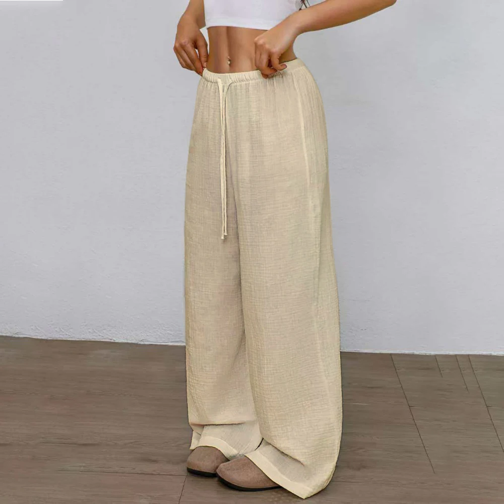 Women's Casual Solid Pants Spring/Fall Drawstring Wide-Leg Trousers Comfy Simple Lounge Wear Sweatpants Vacation Beach Outfits