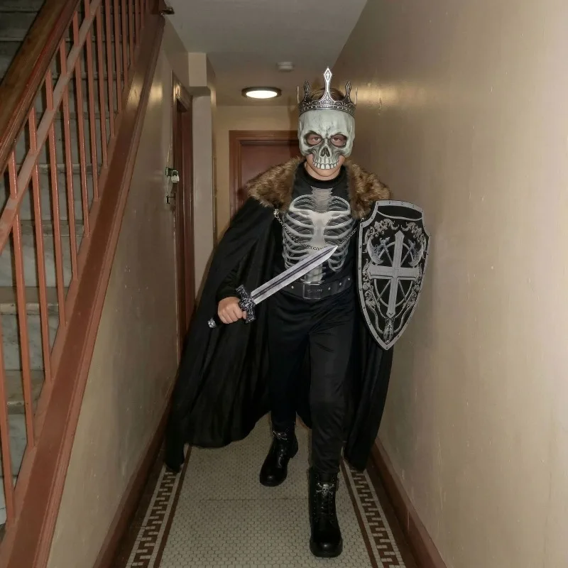 

Skeleton Knight Medieval Costume Dark-themed Cloak Jumpsuit Mask Crown Full Set Stage Performance Outfits for Girls Boys
