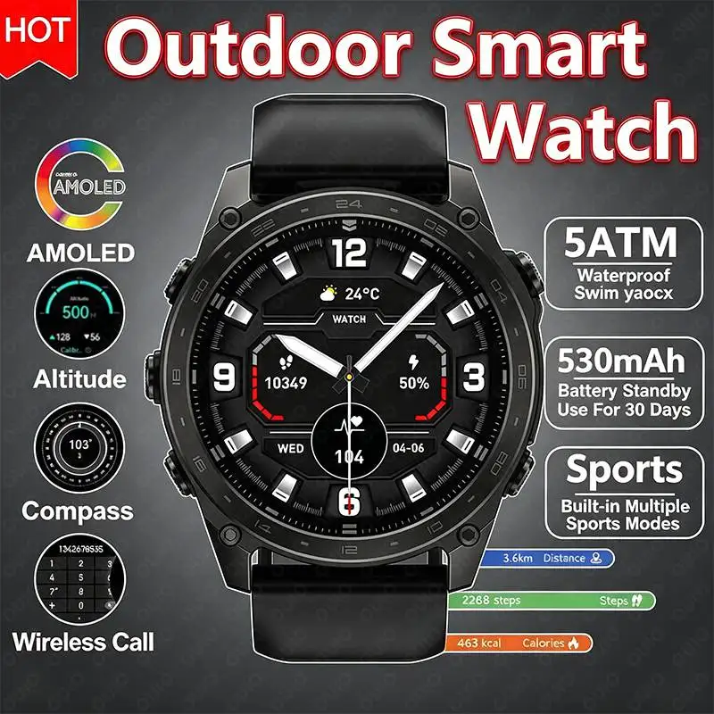 

Men's Smart Watch 1.43 Inch AMOLED Screen Wireless Call LED Flashlight Compass Altimeter Sports Mode 5ATM Waterproof Smart Watch