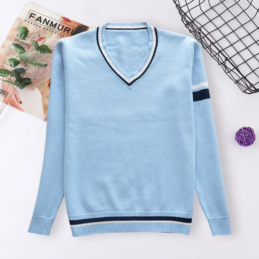 Japanese School Dress Uniform College English JK Uniform Knitted Sweater Outerwear Blue Pullovers V-neck Hoodie For Boy And Girl