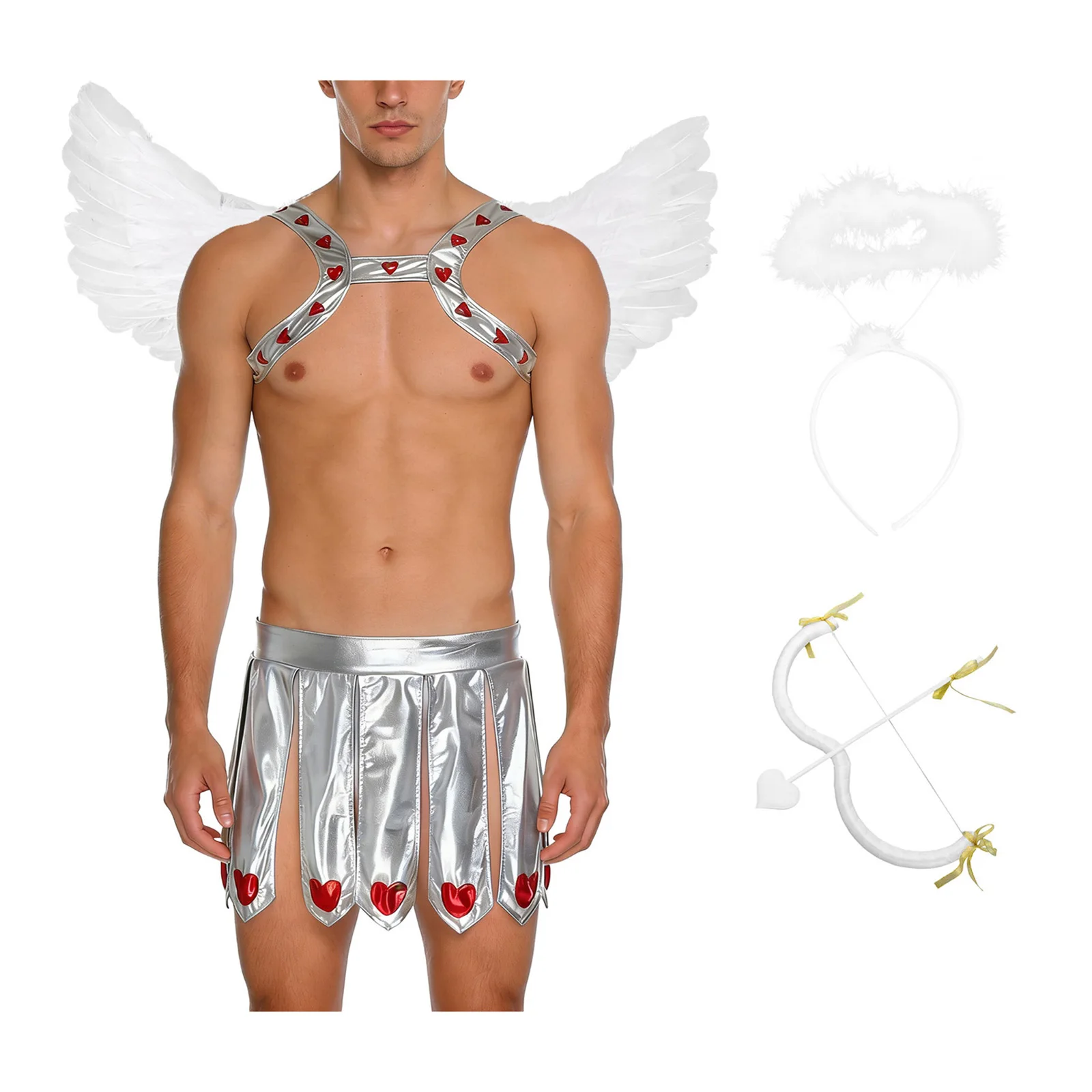 Men Valentine Cupid God of Love Costume Metallic Heart Print Chest Harness Skirt Bow Arrow Wings for Halloween Carnival Cosplay