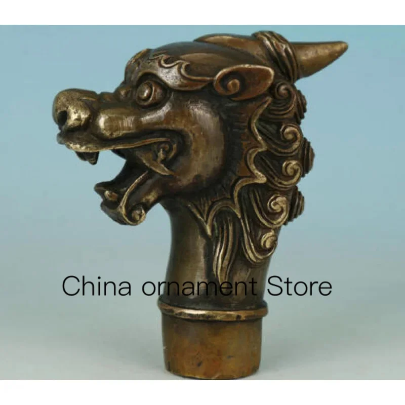 

Asian Tibet Old-Fashioned Hand-Carved Dragon Statue Unicorn Bronze Cane Head