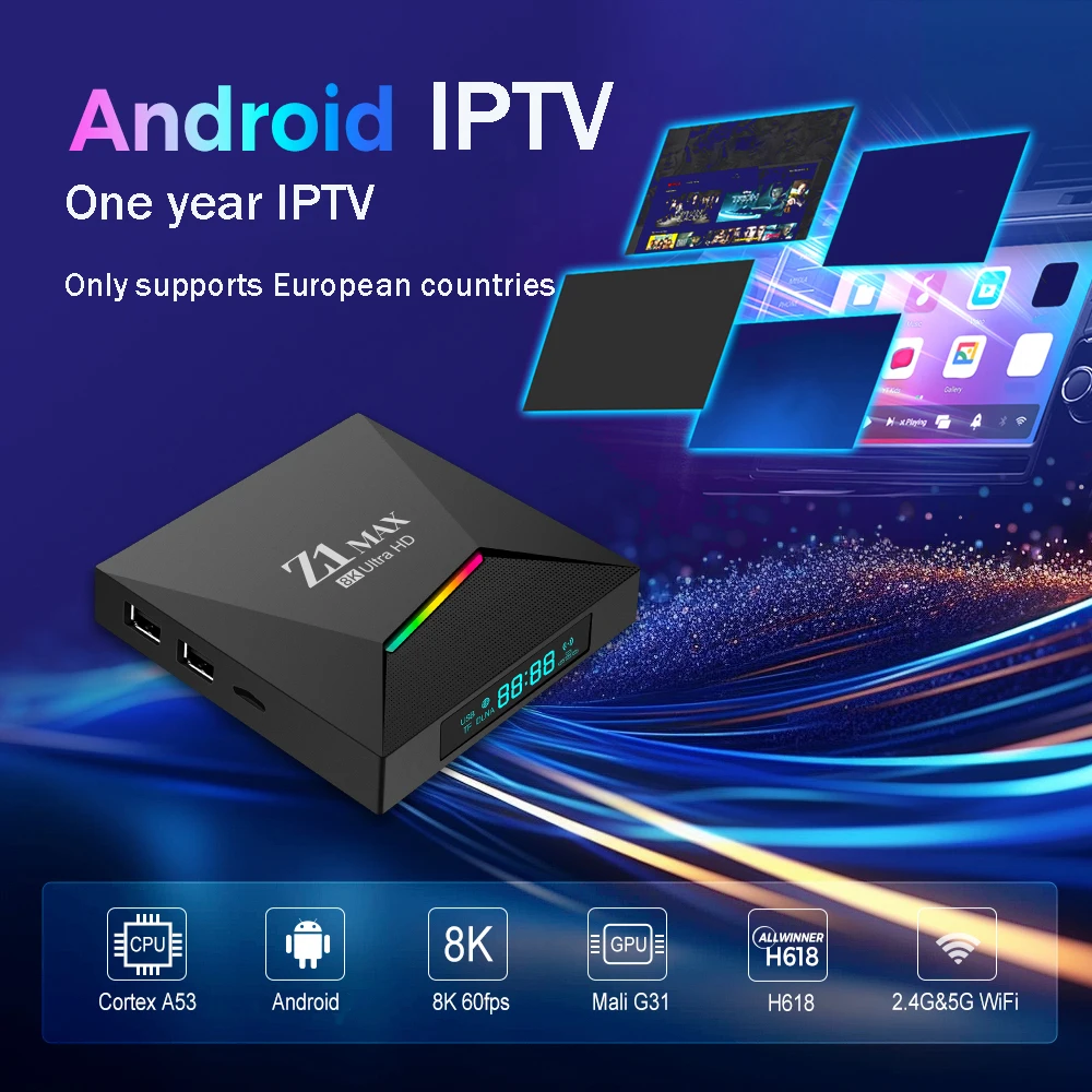 

Z1 Max TV Box Android 15 4K 8K HD Allwinner H618 Quad core BT 5.0 4G 5G Dual WiFi 8GB 128GB Voice remote Support European IPTV