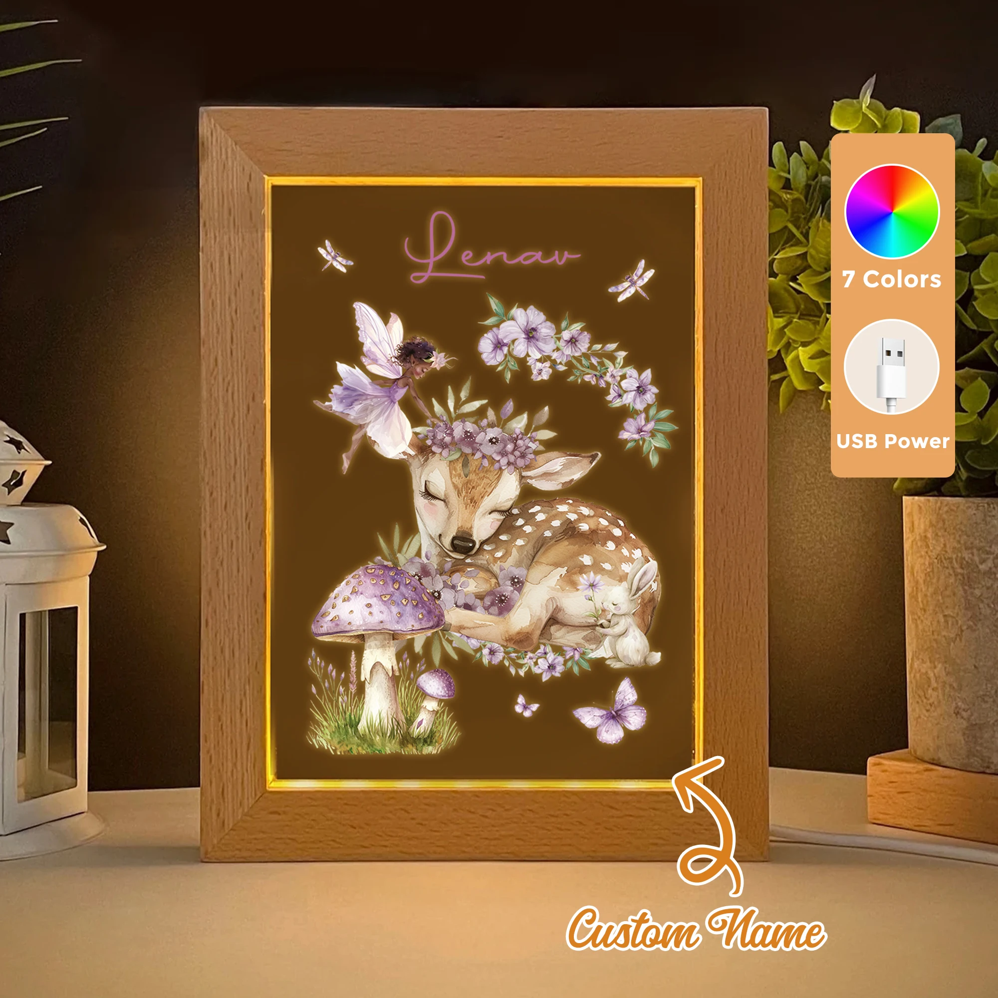 

2D Flat Custom Name The Fairy And The Sika Deer LED Acrylic Night Light Wood Photo Frame 21x17cm Family Bedroom Gifts Home Decor