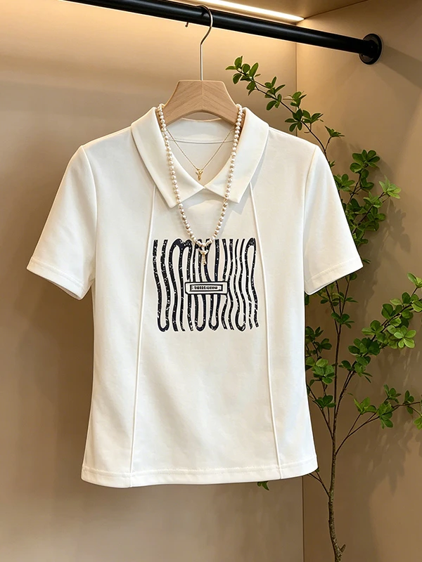 

Summer New plus Size Women's T-shirt Pure Collar Print Short Sleeve Skin Concealing Slimming Versatile Stylish Top Korean Style