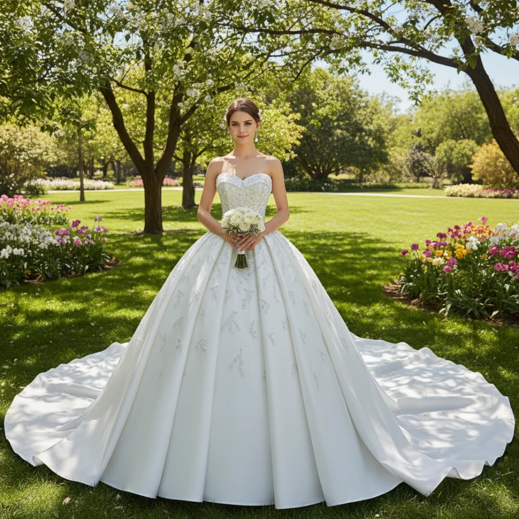 

Rosymae Elegant Satin Wedding Dress Puffy Skirt Ball Gown with Royal Train for Women robe de mariée