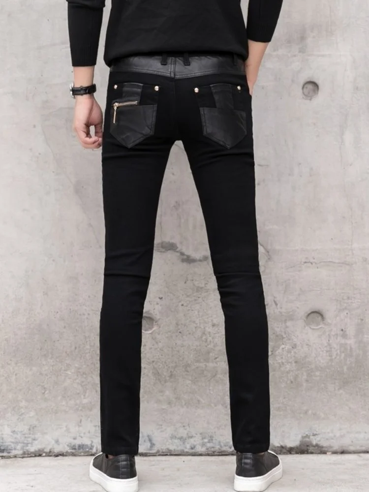 

Mens Casual Skinny Pencil Pants Spring Fashion Patchwork Pu Leather High Street Motorcycle Slim Fit Trousers Size 28-36