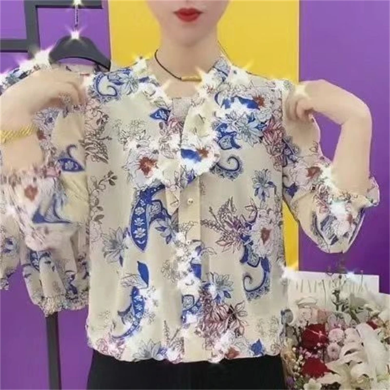 Middle-aged Women Korean Fashion Retro Floral Print Shirts Spring Summer Bow Elegant Blouses Ladies Casual Loose 3/4 Sleeve Tops