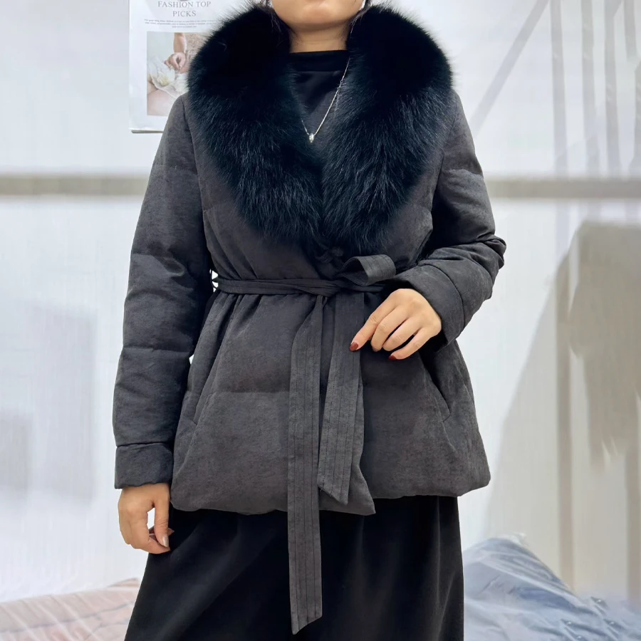 CNEGOVIK المرأة أسفل سترة مع الفراء الثعلب سترة مع الفراء الحقيقي أسفل معطف المرأة الطبيعية الثعلب الفراء طوق الشتاء أوزة ريشة #1