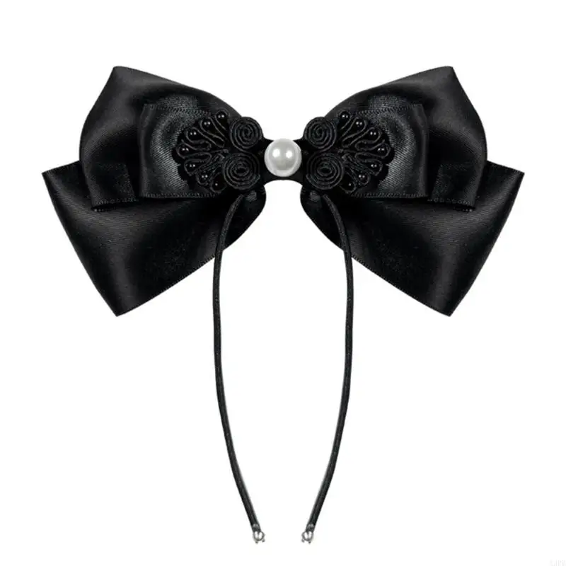 Sophisticated Pre Tied Bows Tie with Pearls Embellishments for Uniform Student Chinese Knots Satins Bowknot Necktie Clip