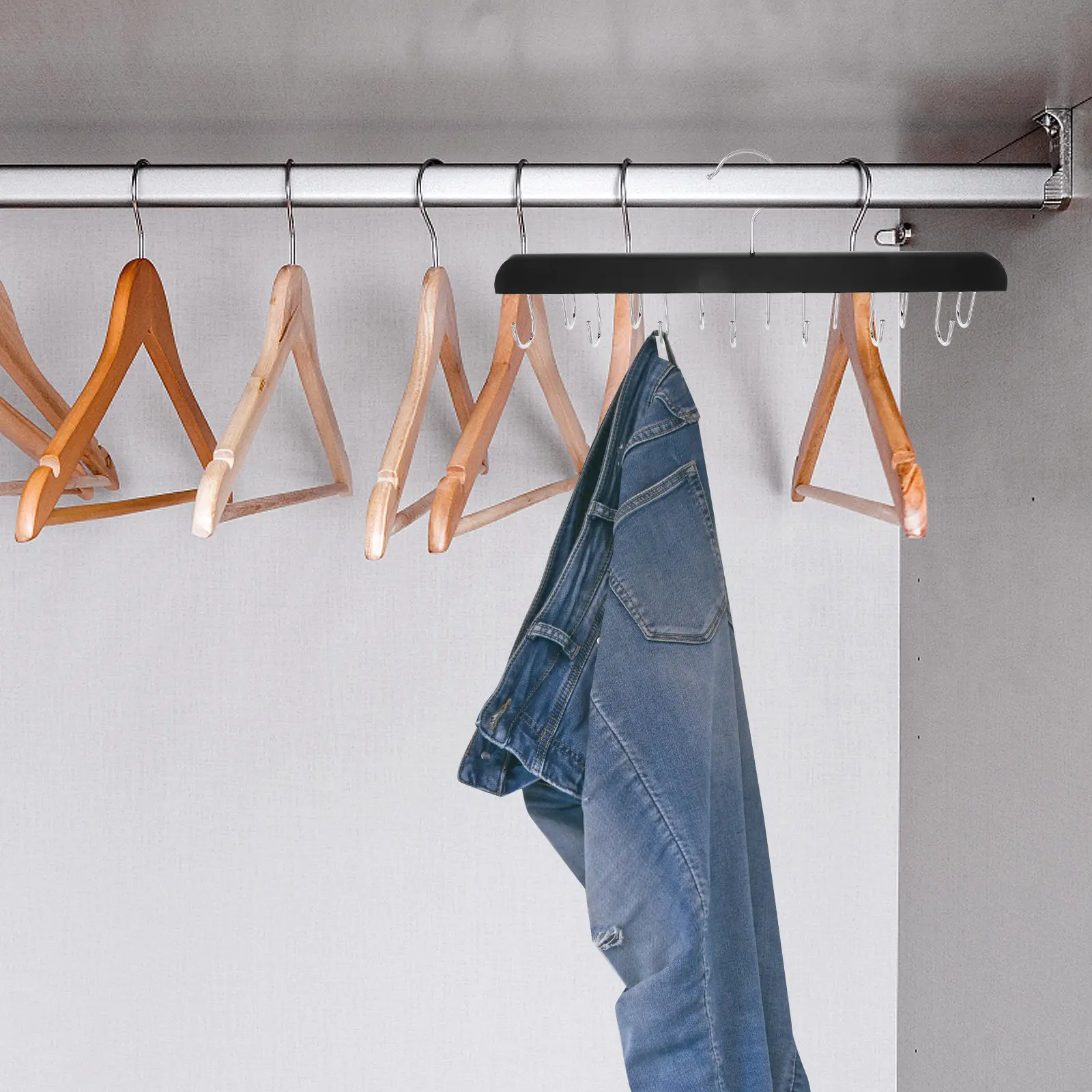 Wooden Pants Hanger with Hooks for Jeans Space Saving Clothes Organizer Heavy Duty Closet Rack Jean Hangers for Closet