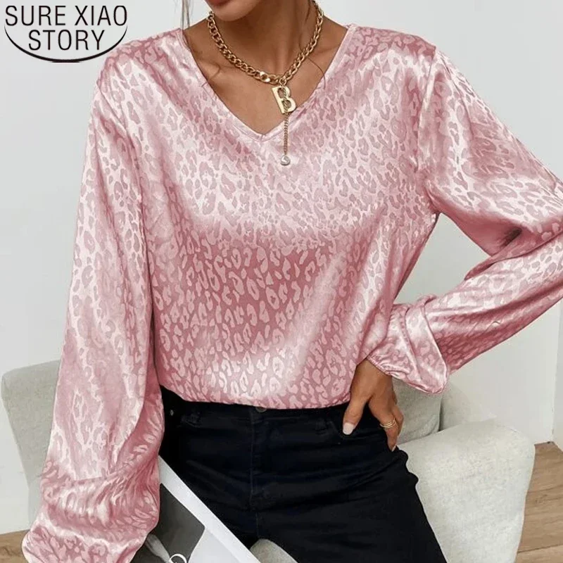 Office Lady Leopard Printing Chiffon Shirt Spring Autumn 2024 V-Neck Long Lantern Sleeve Loose Blouse Women\'s Clothing 19168