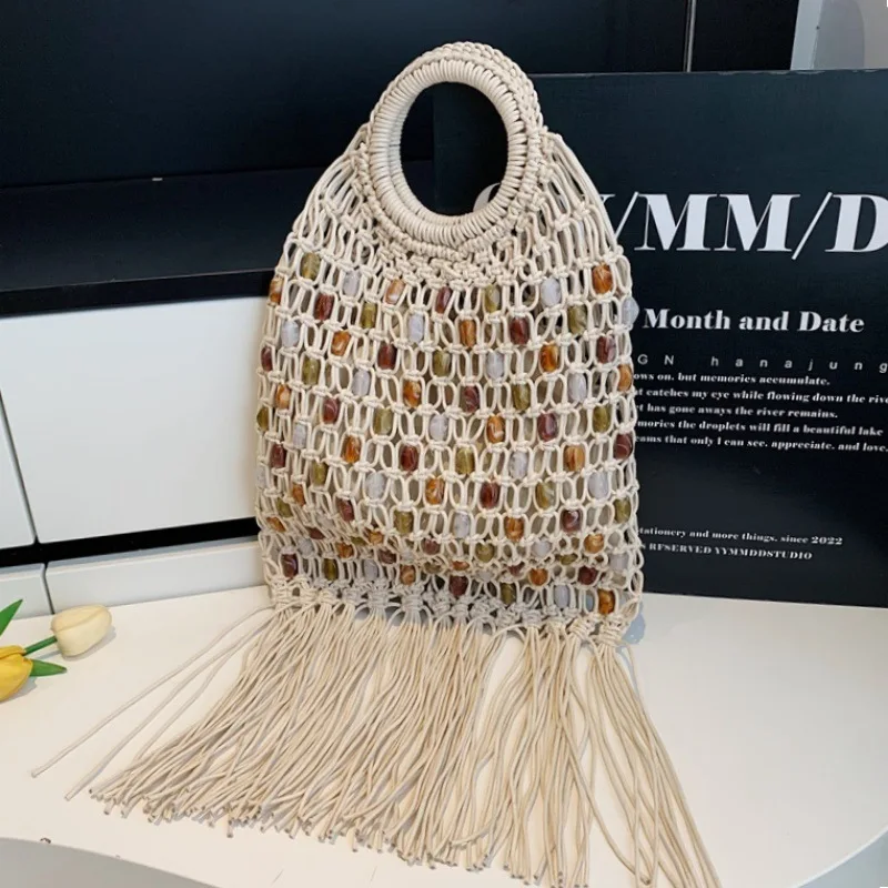 

Summer Hollow Tassel Handbags Beading Woven Bags for Women Bohemian Knitting Beach Bag NEW Handmade Rope Crochet Women's Bag