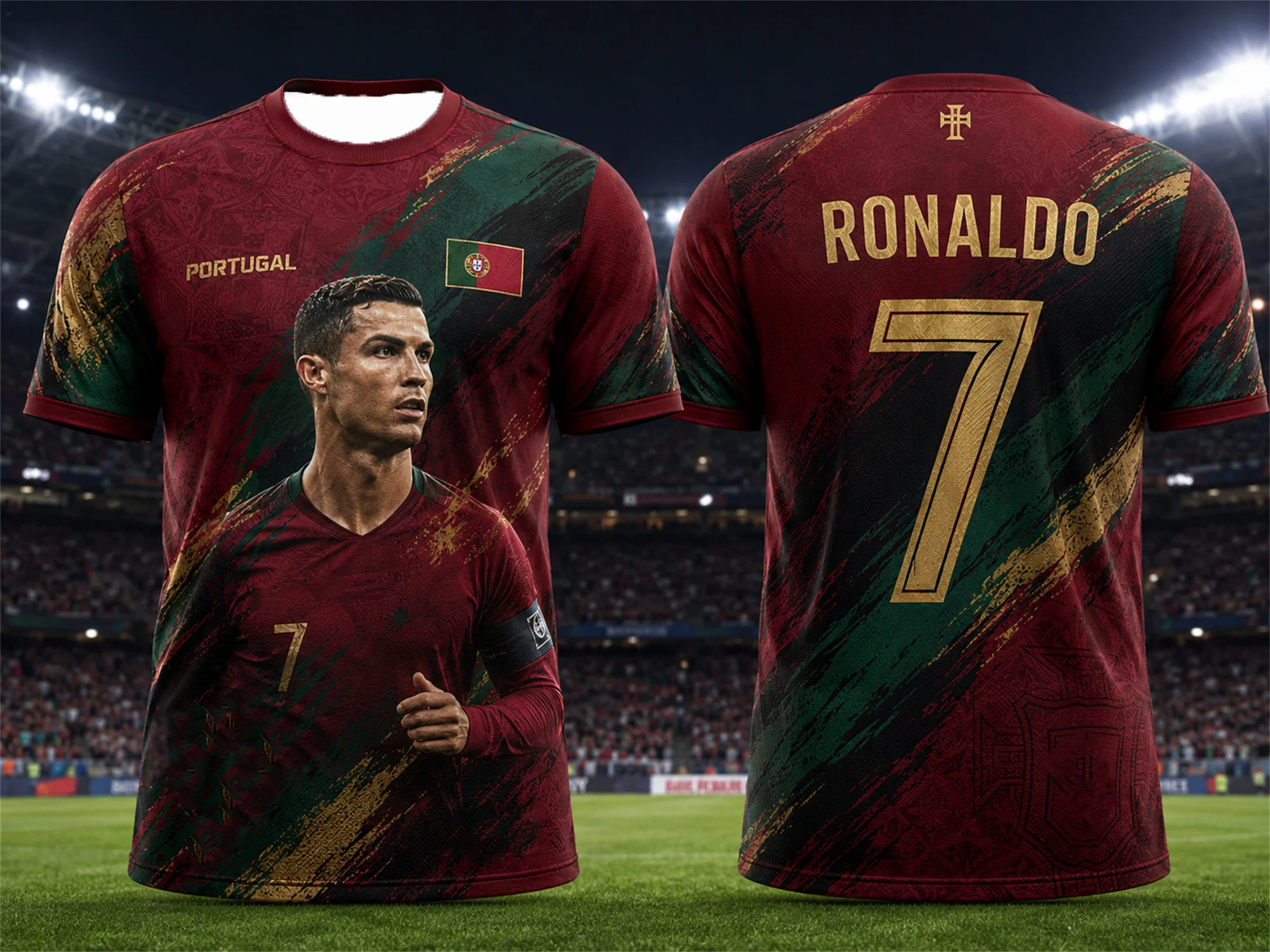 Ronaldo No.7 Dark Teal Red Geometry Portrait Print Short Sleeve Soccer Jersey For Men Youth Kids Quick Dry Sport Motorcycle Tee