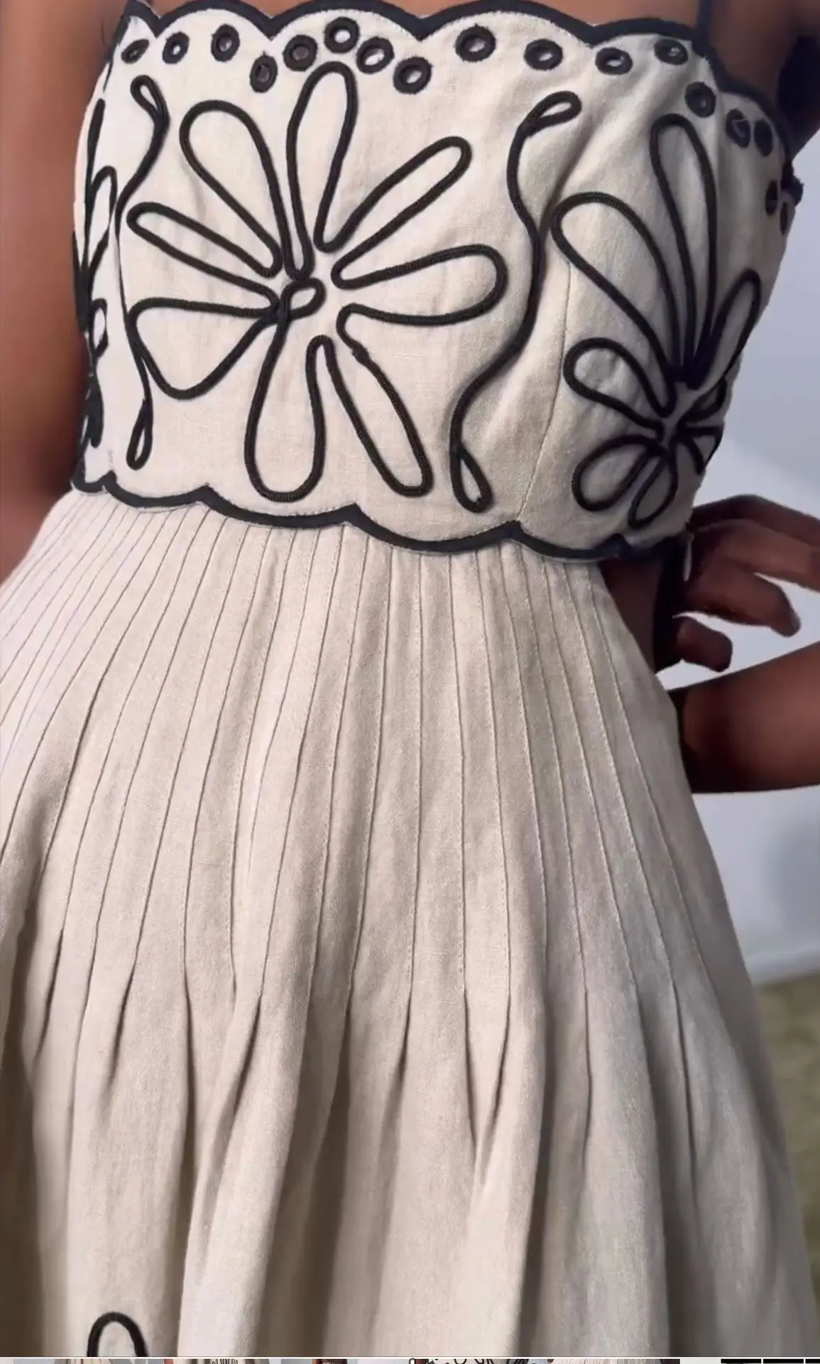 Sexy Linen Midi Evening Prom Dress Spaghetti Strap Cutout Back Embroidered Floral Tribal Pattern Pleated Skirt Pocket Vacation