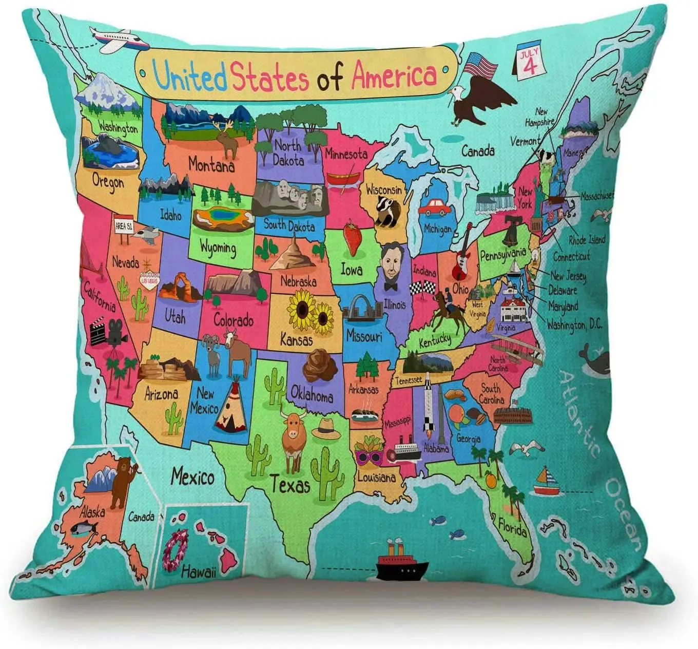 Colorful USA Map Pillowcase, Cartoon United States Geography Cushion Cover, Educational Travel Decor, American Road Trip Gift