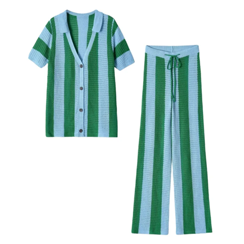 

Withered Short Sleeved V-neck Striped Knitted Sweater And Knitted Pants Woman Clothes Pant Sets New Two Piece Set